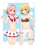  2girls alternate_costume bikini blonde_hair bracelet citrinne_(fire_emblem) closed_mouth earrings fire_emblem fire_emblem_engage hairband hoop_earrings jewelry lapis_(fire_emblem) looking_at_viewer midriff multiple_girls navel pink_hair red_eyes ribbon shira_yu_ki short_hair skirt smile swimsuit white_bikini 