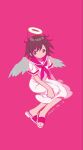  1girl angel brown_eyes brown_hair closed_mouth commentary dated dress feathered_wings full_body grey_wings haibane_renmei halo highres looking_at_viewer neckerchief pink_background pink_neckerchief pink_sailor_collar rakka_(haibane) sailor_collar sailor_dress sandals satyrascu short_hair short_sleeves simple_background sitting solo white_dress wings 