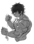  1boy bandaged_arm bandages clenched_hands eigaka from_side grappler_baki greyscale hanma_baki highres male_focus monochrome muscular muscular_male pectorals profile scar scar_on_arm scar_on_shoulder solo topless_male 