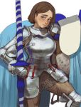  1girl armor blue_eyes breasts brown_hair chainmail highres horse knight lance medium_breasts mossacannibalis original pants polearm simple_background solo weapon white_background 