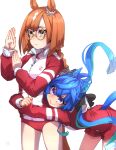  2girls @_@ ahoge animal_ears aqua_hair bent_over blue_eyes blue_hair blunt_ends buruma commentary_request crossed_bangs ear_ornament expressionless hair_between_eyes heterochromia highres horse_ears horse_girl horse_tail hug hug_from_behind ikuno_dictus_(umamusume) jacket long_hair long_sleeves multicolored_hair multiple_girls orange_hair purple_eyes red_buruma red_shorts round_eyewear shorts simple_background smile tail thin_(suzuneya) tracen_training_uniform track_jacket track_uniform twin_turbo_(umamusume) twintails umamusume white-framed_eyewear white_background yellow_eyes zipper_pull_tab 