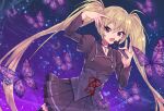  1girl black_choker black_dress blonde_hair bug butterfly choker cross cross_choker dress holding holding_microphone hoshina_utau long_hair long_sleeves looking_at_viewer microphone morihayashi music purple_background purple_butterfly purple_eyes shugo_chara! singing sky solo star_(sky) starry_sky twintails 