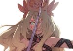  1girl bare_shoulders blonde_hair blood blood_on_face blood_on_weapon butterfly_hair_ornament celine_(fire_emblem) crown fire_emblem fire_emblem_engage flower green_eyes hair_flower hair_ornament hair_over_one_eye long_hair looking_at_viewer mae_(ymed930906) solo sword upper_body weapon white_background 