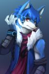  absurd_res anthro black_nose blue_body blue_clothing blue_fur blue_hair blue_topwear canid clothed clothing fur glistening glistening_eyes hair half-length_portrait hi_res kuttoyaki male mammal portrait red_clothing red_eyes red_topwear signature simple_background solo topwear white_body white_fur 