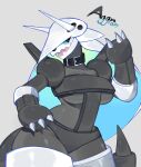  aggron anthro blue_eyes breasts claws female generation_3_pokemon grey_body hand_on_hip hi_res horn nintendo open_mouth pokemon pokemon_(species) solo standing thick_thighs togetoge wide_hips 