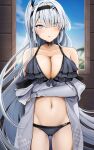  1girl arm_under_breasts asymmetrical_bangs bare_shoulders bikini black_bikini blue_sky breasts collarbone commentary_request eyes_visible_through_hair frilled_bikini frills fuyutsuki_(kancolle) grey_eyes grey_hair grey_jacket hachimaki hair_between_eyes hair_over_one_eye headband highres indoors jacket kantai_collection large_breasts long_hair long_sleeves looking_at_viewer military_jacket navel off_shoulder one_side_up parted_lips sky solo swimsuit very_long_hair window yunamaro 