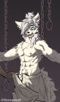  abs anthro assisted_exposure blue_eyes blush canid canine canis chain chained cheek_tuft chest_tuft clothed clothing facial_tuft fluffy fluffy_tail front_view fur girly hair hi_res inner_ear_fluff inside long_hair male mammal muscular muscular_anthro muscular_male neck_tuft nipples open_mouth partially_clothed pubes restrained solo solo_focus surprise surprised_expression tail thecumrat topless topless_anthro topless_male tuft white_body white_fur white_hair wolf 