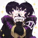  2boys 2girls :d absurdres ahoge black_gloves black_hair blush_stickers brown_eyes chibi chibi_inset father_and_daughter fire_emblem fire_emblem_awakening fire_emblem_heroes gloves highres hood jacket long_sleeves looking_at_viewer misato_hao morgan_(female)_(fire_emblem) morgan_(fire_emblem) morgan_(male)_(fire_emblem) mother_and_son multiple_boys multiple_girls open_mouth purple_eyes robin_(female)_(fire_emblem) robin_(fire_emblem) robin_(male)_(fire_emblem) short_hair signature smile white_hair 