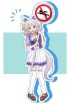  1girl animal_ears blush breasts collarbone commentary_request full_body green_eyes grey_hair hair_between_eyes highres hishi_miracle_(umamusume) holding holding_sign horse_ears horse_tail looking_at_viewer medium_breasts nm222hz open_mouth road_sign school_uniform sign simple_background solo tail thighhighs tracen_school_uniform twitter_username umamusume 