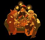  3boys aged_down animal_ears ascot black_cape black_hair bracelet brown_coat candy cape chizuko_(chiduk0) coat couch dark_background eustass_kid fire food halloween halloween_bucket halloween_costume jewelry jiangshi_costume looking_at_object monkey_d._luffy multiple_boys muzzle on_couch one_piece open_mouth pumpkin red_hair scar scar_on_face short_hair sleeves_past_fingers sleeves_past_wrists trafalgar_law vampire_costume werewolf_costume white_ascot white_headwear wolf_ears 