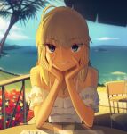  1girl ahoge artoria_pendragon_(fate) bare_shoulders beach blonde_hair boa_(brianoa) breasts camisole chair fate/stay_night fate_(series) green_eyes grin highres jewelry long_hair looking_at_viewer medium_breasts necklace off_shoulder saber sidelocks smile solo table white_camisole 