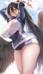  1girl absurdres adjusting_hair akatsuki_(aktk511) black_choker black_hair black_wings blue_archive blue_jacket blue_shorts blue_sky breasts choker cloud feathered_wings from_below gym_shirt gym_shorts gym_uniform hair_between_eyes halo hasumi_(blue_archive) hasumi_(track)_(blue_archive) highres huge_breasts jacket large_wings long_hair looking_at_viewer low_wings mole mole_under_eye mouth_hold official_alternate_costume partially_unzipped ponytail red_eyes shirt shorts sky solo track_jacket very_long_hair white_shirt wings 