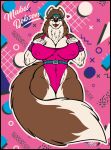  80&#039;s_theme accessory aerobics_clothing anthro athletic athletic_female big_breasts black_border blep blue_eyes border breasts brown_body canid canine canis clothing domestic_dog female finnish_lapphund flat_colors fluffy fluffy_tail fur headband hi_res holding_breast hybrid lapphund leotard mabel_dobson mammal multicolored_body multicolored_fur neck_tuft nipple_outline pink_clothing pressing_breasts_together skianous solo spitz tail thick_thighs tongue tongue_out tuft two_tone_body two_tone_fur wide_hips wolf wolfdog wristband 