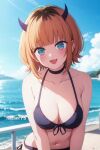  1girl absurdres alsan_(fps) bikini black_bikini black_choker blonde_hair blue_eyes blunt_bangs blush choker commentary fake_horns highres horns memcho open_mouth oshi_no_ko purple_horns short_hair smile solo swimsuit 