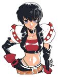  1girl armor belt black_hair breasts choker closed_mouth collarbone gloves highres lips looking_at_viewer navel purple_eyes rutee_katrea shirako_(kirupi) short_hair shoulder_armor simple_background solo tales_of_(series) tales_of_destiny very_short_hair white_background 