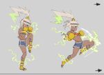  1girl ahoge atte_nanakusa bandeau blush boxing_gloves breasts commentary_request concept_art dark-skinned_female dark_skin eiyuu_senki eiyuu_senki_ww electricity fighting_stance foot_wraps from_side full_body green_eyes grey_background headband huge_ahoge jumping kicking leg_up long_hair muay_thai multiple_views nai_khanom_tom_(eiyuu_senki) official_art profile short_shorts shorts simple_background sketch small_breasts standing standing_on_one_leg toned triangle_mouth twintails white_hair 