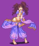  1girl arabian_clothes bracelet bridal_gauntlets brown_eyes brown_hair dancer earrings glaceo jewelry kujikawa_rise looking_at_viewer open_mouth persona persona_4 persona_4:_dancing_all_night persona_dancing pixel_art puffy_short_sleeves puffy_sleeves purple_background short_sleeves solo twintails 