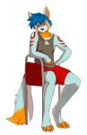  anthro arctic_wolf black_clothing black_shirt black_topwear blue_hair bottomwear canid canine canis chair clothing dog_tags falcon_woodwere fur furniture hair hand_on_hip hi_res looking_at_viewer male mammal multicolored_body multicolored_fur on_chair red_bottomwear red_clothing red_eyes red_shorts shirt shorts sitting sitting_on_chair smile smiling_at_viewer smirk smirking_at_viewer solo topwear unknown_artist wolf 