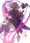  1girl aduti_momoyama aversa_(fire_emblem) aversa_(resplendent)_(fire_emblem) black_nails black_thighhighs body_markings breasts bridal_gauntlets bright_pupils bug butterfly dark-skinned_female dark_skin facial_mark fingernails fire_emblem fire_emblem_awakening fire_emblem_heroes flower footwear_flower highres jewelry large_breasts leg_up loincloth long_hair long_sleeves looking_at_viewer nail_polish navel official_alternate_costume overskirt parted_bangs plant puffy_long_sleeves puffy_sleeves red_eyes ring simple_background smile solo thighhighs vines white_background white_bridal_gauntlets white_flower white_hair white_pupils 
