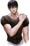  1boy black_shirt facing_viewer fangs fushiguro_touji hair_between_eyes hand_on_own_shoulder highres jujutsu_kaisen looking_to_the_side male_focus muscular muscular_male ndsoda parted_lips portrait scar scar_on_face scar_on_mouth shirt short_sleeves simple_background solo veins veiny_arms white_background 