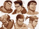  6+boys anger_vein angry another_eidos-r aroused bara baran_(another_eidos) beard beard_stubble collarbone demon_horns earrings eyebrow_cut facial_hair fangs flustered heart hellion_(another_eidos) highres horns jewelry male_focus monochrome multiple_boys muscular muscular_male nervous_sweating one_eye_closed open_mouth orc original pointy_ears ponytail portrait satan_(another_eidos) short_hair sideburns sinbad_(crave_saga) smile spoken_heart suamaru sweat thick_eyebrows tongue tongue_out undercut young_hellion_(another_eidos) 