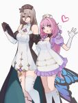  2girls :d absurdres aponia_(honkai_impact) bare_shoulders black_sleeves blue_eyes breasts brown_hair brown_headwear cleavage cleavage_cutout closed_mouth clothing_cutout commentary dress elbow_gloves elysia_(honkai_impact) feet_out_of_frame gloves grey_background grey_eyes hair_between_eyes hair_intakes hair_ornament hairclip hand_up heart highres honkai_(series) honkai_impact_3rd kneehighs long_hair medium_breasts multiple_girls pink_hair piri puffy_short_sleeves puffy_sleeves purple_dress short_sleeves simple_background single_thighhigh smile socks thighhighs very_long_hair white_dress white_gloves white_headwear white_socks white_thighhighs 