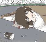  1girl bags_under_eyes book book_pillow brown_hair can cardboard chain-link_fence cigarette_butt fang fence grey_eyes homeless looking_at_viewer lying medium_hair on_ground on_side open_mouth original outdoors solo torosakana trembling under_covers wavy_mouth 