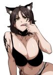  1girl absurdres animal_ear_fluff animal_ears bare_shoulders black_bra black_hair bra breasts cleavage commentary_request gigle highres korean_commentary large_breasts navel original short_hair shoulder_tattoo solo stomach tattoo underwear underwear_only upper_body yellow_eyes 