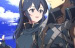  1boy 1girl ahonoko armor black_gloves black_sweater blue_cape blue_eyes blue_hair blue_sky cape chrom_(fire_emblem) closed_mouth cloud commentary_request day father_and_daughter fingerless_gloves fire_emblem fire_emblem_awakening gloves hair_between_eyes highres long_hair looking_at_another lucina_(fire_emblem) outdoors pauldrons short_hair shoulder_armor single_pauldron sky smile sweater tiara turtleneck turtleneck_sweater 