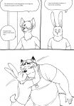  2023 anthro apron bernielover blush canid canine clothing comic dialogue disney duo english_text eyes_closed fan_character fox gideon_grey hi_res humanoid_hands kissing lagomorph leporid male mammal overweight overweight_male rabbit shirt text topwear zootopia 