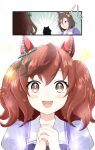  3girls absurdres air_groove_(umamusume) animal_ears aomiharuwa black_hair blush_stickers brown_eyes commentary_request hair_between_eyes hair_ornament highres horse_ears horse_girl long_hair looking_at_viewer looking_back multiple_girls nice_nature_(umamusume) open_mouth own_hands_together portrait red_hair ribbon school_uniform solo symboli_rudolf_(umamusume) tracen_school_uniform umamusume 