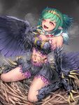  1girl absurdres bird_legs black_feathers black_wings blush breasts claws covered_nipples enokiyama fang feathers green_hair harpy heart heart-shaped_pupils highres indie_virtual_youtuber lincoro monster_girl navel nest open_mouth pointy_ears red_eyes short_hair short_twintails small_breasts solo stomach_tattoo symbol-shaped_pupils talons tattoo tentacle_clothes tiara twintails virtual_youtuber wings 