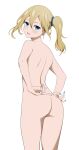 1girl absurdres ass back bare_shoulders blonde_hair blue_eyes blue_nails completely_nude coro_fae cowboy_shot from_behind hair_ornament hair_scrunchie hayasaka_ai highres kaguya-sama_wa_kokurasetai_~tensai-tachi_no_renai_zunousen~ long_hair looking_at_viewer looking_back nude open_mouth scrunchie side_ponytail simple_background smile solo thighs white_background 