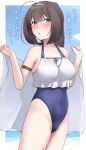  1girl absurdres ahoge akizuki_(kancolle) bare_arms bare_legs bare_shoulders black_hair blue_eyes blue_one-piece_swimsuit blush collarbone cowboy_shot groin highres kantai_collection kiritto one-piece_swimsuit parted_lips ponytail short_hair solo swimsuit 