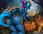  absurd_res anthro ashimaroo bat_pony big_butt breasts butt clothing equid fan_character female genitals hasbro hat headgear headwear hi_res jack-o&#039;-lantern mammal membrane_(anatomy) membranous_wings my_little_pony pussy solo wings witch_hat 