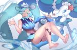  1girl absurdly_long_hair absurdres ball barefoot beachball blue_eyes blue_hair blush colored_eyelashes floating graynacht hatsune_miku highres long_hair looking_at_viewer open_mouth pokemon pokemon_(creature) primarina project_voltage teeth upper_teeth_only very_long_hair visor_cap vocaloid water_miku_(project_voltage) white_headwear zipper_pull_tab 