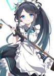  &lt;key&gt;_(robot)_(blue_archive) 1girl absurdly_long_hair absurdres apron aris_(blue_archive) aris_(maid)_(blue_archive) black_hair blue_archive blue_eyes commentary_request forehead frilled_apron frills halo highres holding holding_mop kabocya_na long_hair looking_at_viewer maid maid_apron mop official_alternate_costume official_alternate_hairstyle parted_bangs short_sleeves side_ponytail sidelocks simple_background smile solo very_long_hair white_apron white_background wristband 
