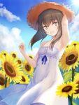  1girl :d alternate_costume arm_behind_head bare_shoulders breasts brown_eyes brown_hair brown_headwear dress flower from_side hat highres kantai_collection kotou_yogen looking_at_viewer looking_to_the_side short_hair sleeveless sleeveless_dress small_breasts smile solo straw_hat sun_hat sundress sunflower taihou_(kancolle) white_dress 