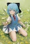  1girl :o black_bow blue_dress blue_eyes blue_hair blush bow cirno collared_dress detached_wings dress fairy fairy_wings field flower flower_field full_body grass green_background hair_bow hair_ornament hand_on_ground highres holding holding_flower ice ice_wings looking_at_viewer neck_ribbon on_grass on_ground open_mouth pointy_ears puffy_short_sleeves puffy_sleeves red_ribbon reddizen ribbon seiza short_hair short_sleeves sitting sketch solo touhou wings yellow_flower 