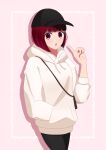  1girl :o absurdres arima_kana bag baseball_cap black_headwear black_pants blue-rapid bob_cut commentary_request hand_in_pocket hat highres hood hoodie ibispaint_(medium) inverted_bob long_sleeves looking_at_viewer no_pupils open_mouth oshi_no_ko pants pink_background pointing pointing_at_self purple_eyes red_eyes red_hair shadow shoulder_bag solo white_hoodie 