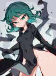  1girl black_dress breasts closed_mouth commentary_request covered_navel curly_hair dress green_eyes green_hair highres long_sleeves looking_at_viewer medium_breasts one-punch_man short_hair solo standing suzu_i tatsumaki thighs twitter_username 