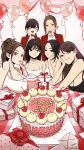  6+girls :d absurdres aurora_(beautiful_gunbari) balloon beautiful_gunbari birthday_cake black_eyes black_hair breasts brown_hair cake cherry closed_eyes drinking_straw food fruit gift gugu_(pixiv63055428) han_soi highres huge_breasts jung_su-a la_si-hyeon large_breasts milkshake multiple_girls red_ribbon ribbon shin_sol shirt sitting small_breasts smile standing streamers tablecloth white_shirt 