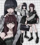  17motomode 2girls black_hair blunt_bangs bracelet braid briefcase closed_eyes closed_mouth full_body grid_background hand_on_another&#039;s_head highres holding holding_another&#039;s_arm holding_briefcase jewelry lips looking_at_viewer multiple_girls multiple_views open_mouth original pleated_skirt school_briefcase skirt smile thigh_strap twin_braids 