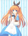  1girl :d aiyan alice_(alice_in_wonderland) alice_(alice_in_wonderland)_(cosplay) alice_in_wonderland apron birthday_cake black_ribbon blue_background blue_dress blue_eyes blush breasts cake colored_eyelashes commentary_request cosplay cowboy_shot dress english_text eyes_visible_through_hair floating_hair food fork frilled_apron frills fruit hair_between_eyes hair_ribbon hand_up happy highres holding holding_fork holding_tray long_dress long_hair looking_at_viewer medium_breasts ootori_chihaya open_mouth orange_hair pinstripe_dress pinstripe_pattern puffy_short_sleeves puffy_sleeves rewrite ribbon short_sleeves sidelocks simple_background smile solo standing star_(symbol) straight-on straight_hair strawberry striped striped_background tray two_side_up very_long_hair white_apron white_wrist_cuffs wing_hair_ornament 
