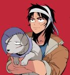  1boy animal bandaged_hand bandages black_eyes black_hair blue_shirt brown_jacket closed_mouth commentary_request dog expressionless highres holding holding_animal holding_dog inudori itou_kaiji jacket kaiji long_hair looking_afar male_focus medium_bangs pet_cone red_background scar scar_on_cheek scar_on_face shirt simple_background sleeves_rolled_up solo upper_body 