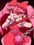  1girl bow chain dokan_(dkn) dress heart holding holding_weapon long_hair mace ojou-sama_pose omori open_mouth pink_eyes pink_hair polka_dot polka_dot_bow red_background red_bow red_dress solo spiked_mace spikes sweetheart_(omori) twintails weapon wrist_cuffs 