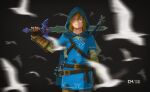  bird blue_eyes blue_tunic bow_(weapon) castlings fingerless_gloves gauntlets gloves hair_between_eyes highres holding holding_sword holding_weapon hood hood_up light_brown_hair link looking_at_viewer master_sword scratches shield_on_back sword the_legend_of_zelda the_legend_of_zelda:_breath_of_the_wild weapon white_bird 