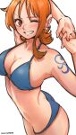  1girl aosora2823 arm_tattoo armpits artist_name asymmetrical_hair bikini blue_bikini blurry blush breasts cleavage commentary cowboy_shot depth_of_field earrings from_above grin highres jewelry large_breasts looking_at_viewer nami_(one_piece) one_eye_closed one_piece orange_hair own_hands_clasped own_hands_together red_eyes short_hair simple_background smile solo standing stretching swimsuit tattoo teeth white_background 