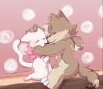  brown_body brown_fur canid canine canis domestic_cat ear_piercing felid feline felis female food fur hi_res kissing larger_male macaronpoffin male mammal piercing pocky romantic romantic_couple simple_background size_difference smaller_female white_body white_fur wolf 