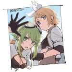  2girls black_gloves black_sports_bra blonde_hair blue_sky bow breasts brooch building cityscape cleavage closed_mouth eyewear_on_head gloves goggles goggles_on_head gogo_go11 gold_trim green_eyes green_hair gumi hair_bow hair_ornament hairclip half_gloves highres invisible_(vocaloid) jacket jewelry kagamine_rin looking_at_viewer medium_breasts midriff multiple_girls open_clothes open_jacket serious short_hair short_hair_with_long_locks short_sleeves sidelocks sky small_breasts sports_bra star_(symbol) star_brooch torn_bow vocaloid white_bow white_jacket 